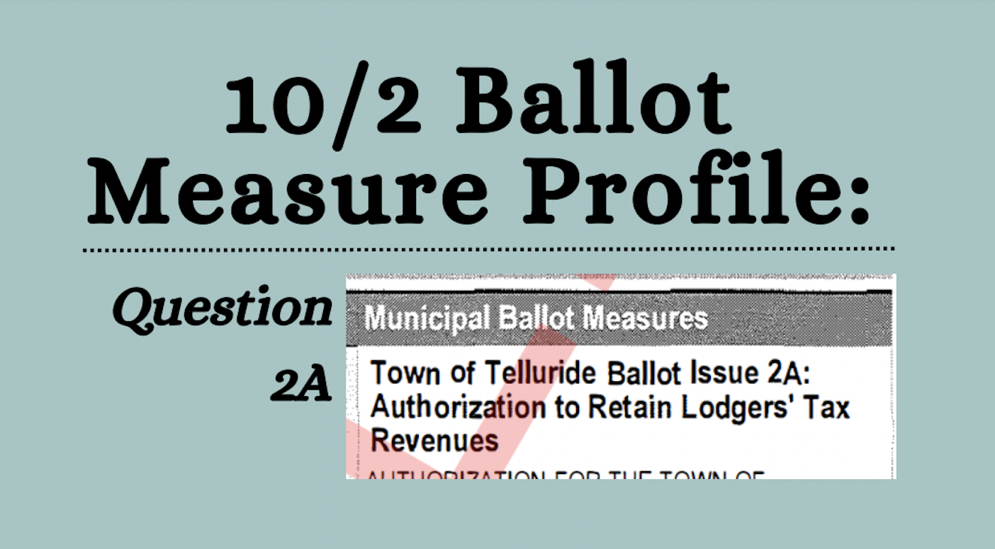 Imagen de texto con título 10/2 Perfil de la medida electoral: Pregunta 2A. Abajo, una sección etiquetada como Medidas electorales municipales presenta la Cuestión electoral 2A del Pueblo de Telluride: Autorización para retener los ingresos del impuesto de hospedaje.