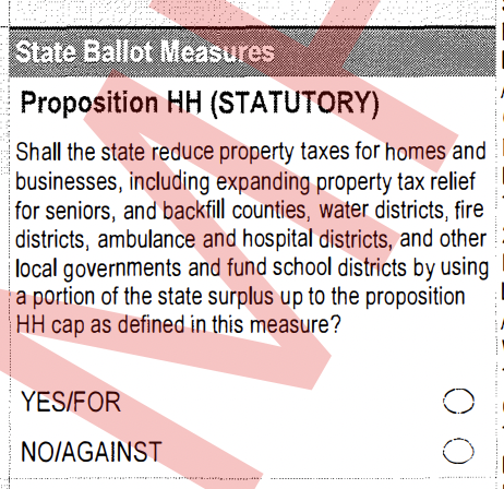 Ballot measure text for Proposition HH regarding property tax reduction using state surplus. Options include YES/FOR and NO/AGAINST, with checkboxes for selection. Red markings overlay the text.