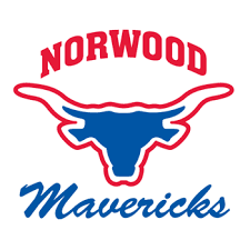 Logo with a blue longhorn silhouette outlined in red. NORWOOD is written in red above, and Mavericks is in blue cursive below the longhorn.