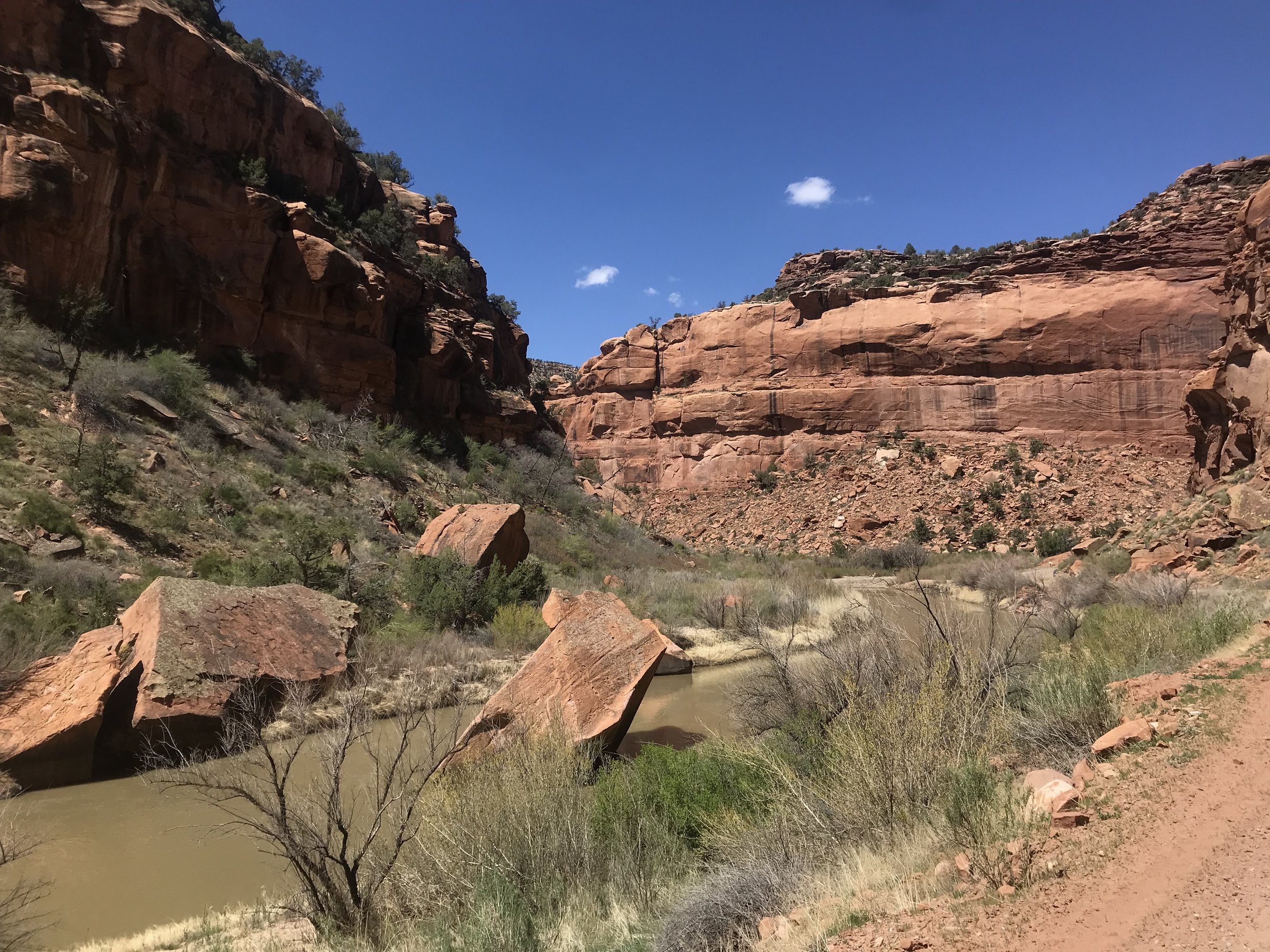 A scenic view of a desert canyon with rugged red rock formations and a small river running through the valley. Sparse vegetation and bushes line the riverbanks under a clear blue sky.