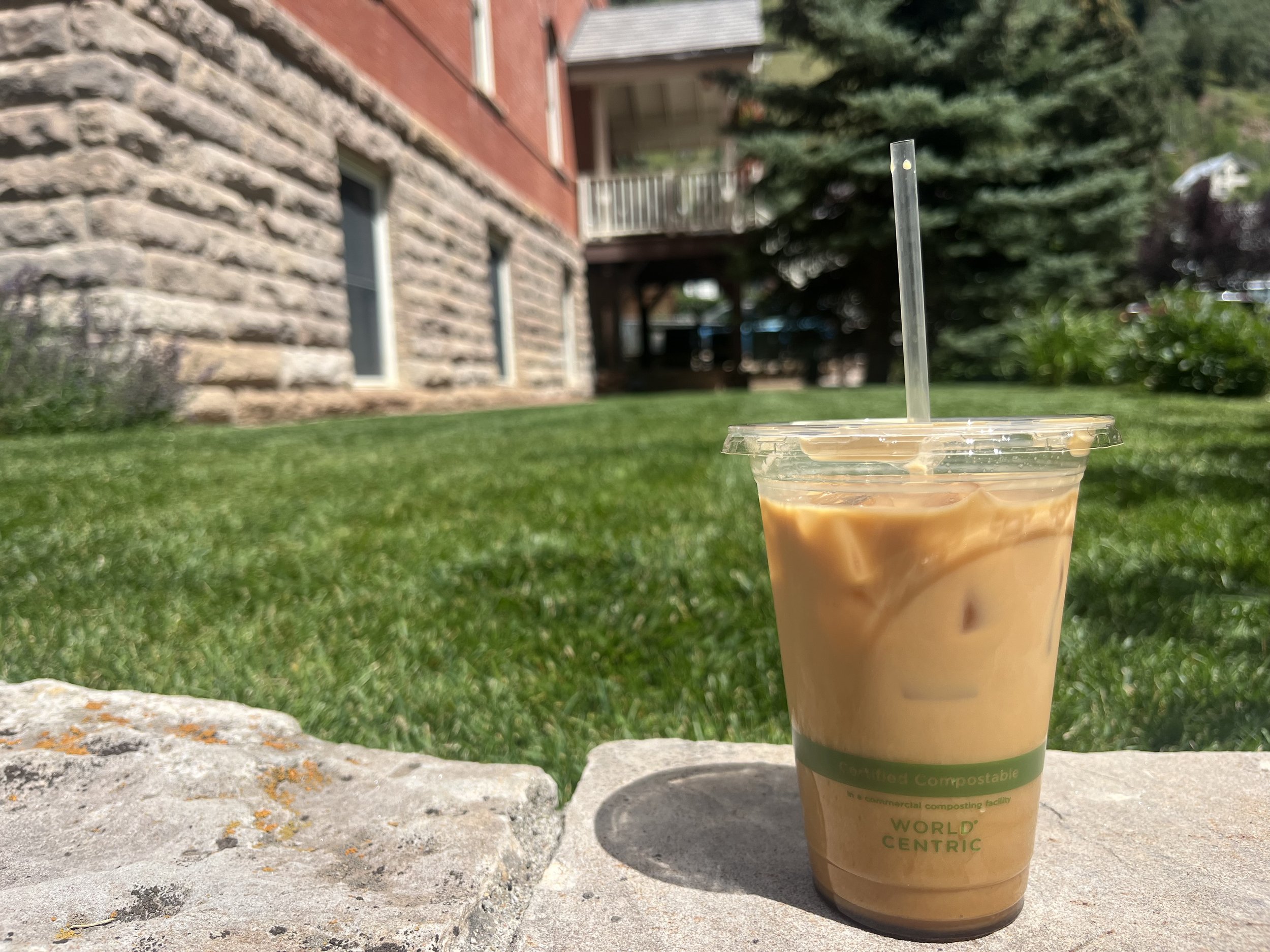 An iced coffee in a clear plastic cup with a straw is placed on a stone ledge. In the background, theres a grassy area with trees and a brick building. Its a sunny day.