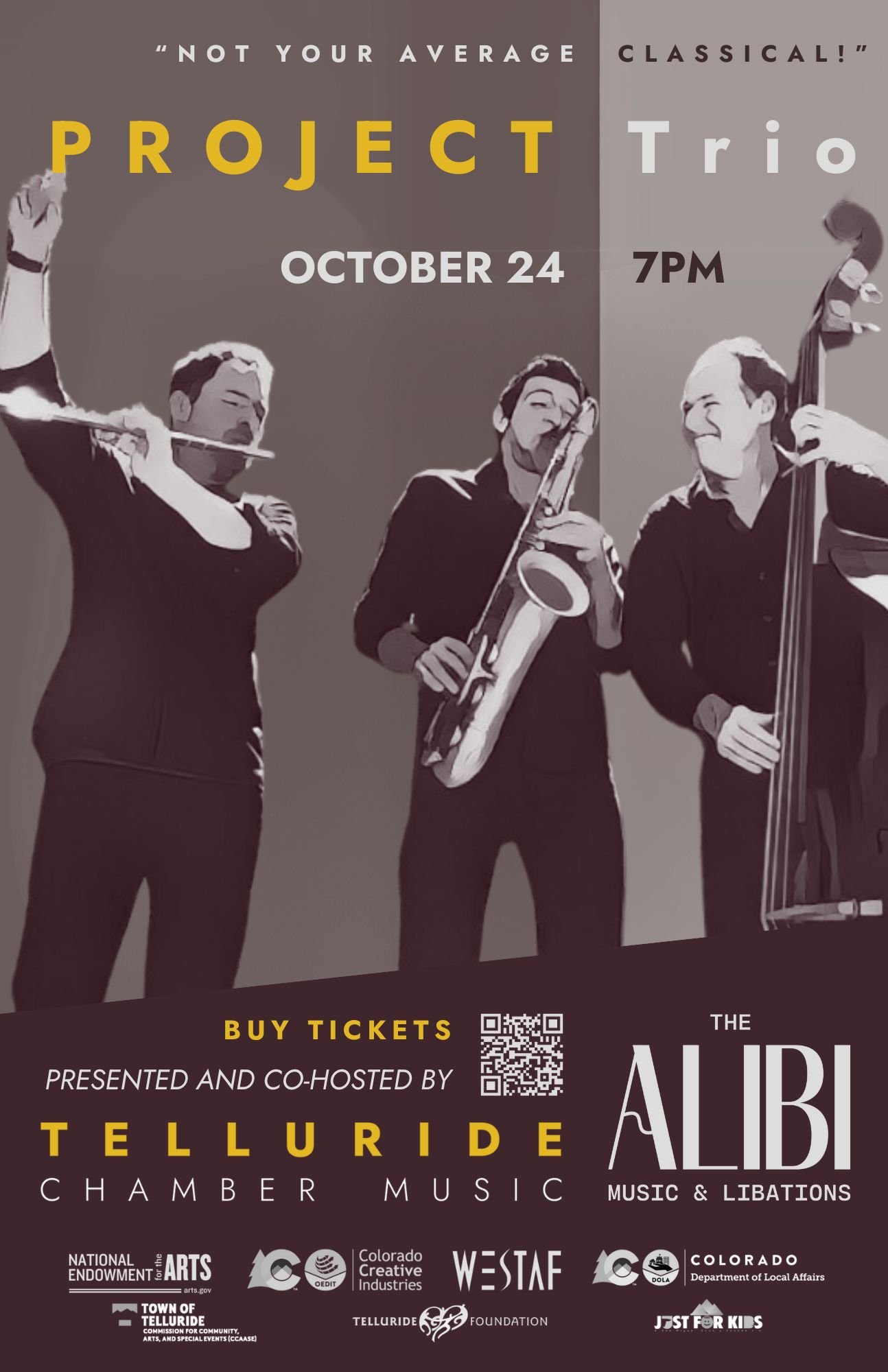 Poster for a Project Trio concert on October 24 at 7 PM, hosted by Telluride Chamber Music at The Alibi venue. Shows three musicians playing flute, cello, and bass. Includes logos of sponsors at the bottom.