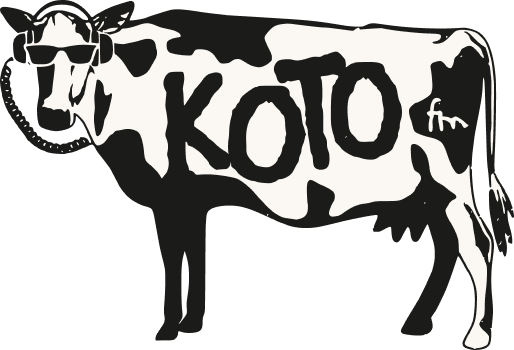 Cow illustration with black and white patches, wearing sunglasses and headphones. The text KOTO fm is written across its body.