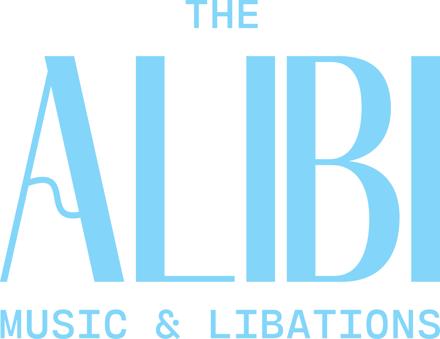 The image is a logo with the text The Alibi Music & Libations in light blue. The word ALIBI is in large, bold letters, with an artistic white swoosh on the A.