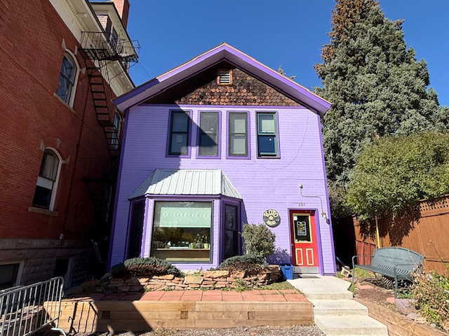 Una casa de dos plantas de color púrpura vibrante con ribetes azules, con una gran ventana frontal y una puerta roja con un borde naranja y blanco. Delante hay un pequeño jardín, una valla marrón y un gran árbol a la derecha.