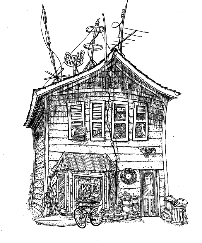 A detailed black and white sketch of a two-story wooden house with a slanted roof and antennas. A bicycle rests against the front. The door displays Kotto with a decorative wheel above. Trash cans sit beside the house.