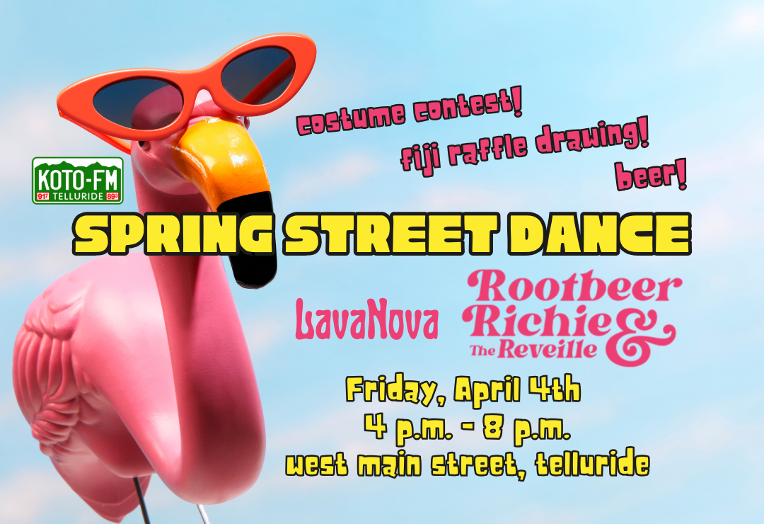 Un flamenco rosa con gafas de sol rojas es el protagonista. El texto incluye Spring Street Dance, concurso de disfraces, sorteo de rifas, cerveza y los nombres de los grupos LavaNova y Rootbeer Richie & the Reveille. El evento es el 4 de abril, de 4 a 8 de la tarde, en West Main Street, Telluride.