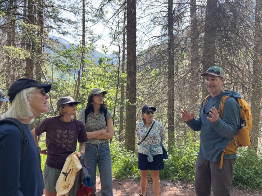 A group of five people stands on the Bear Creek forest trail, listening to a man with a backpack who is gesturing while talking. Sunlight filters through the trees, casting soft light on their thoughtful faces as they reflect on grief and mortality.