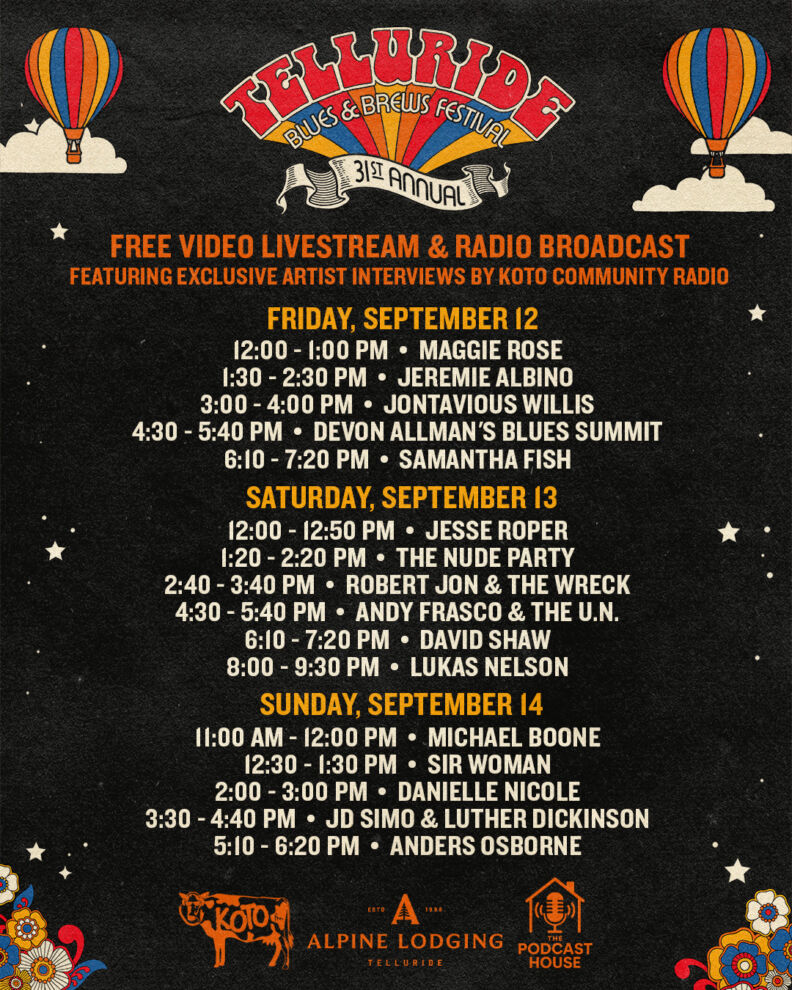 Telluride Blues & Brews Festival schedule with dates, artist lineup, set times for September 13-15, plus stream options and KOTO radio broadcast info.