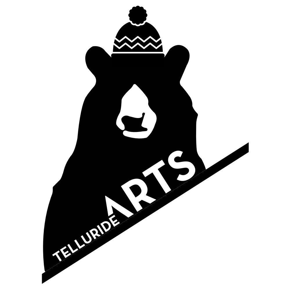 Silhouette of a bear wearing a winter hat, with TELLURIDE ARTS written diagonally across the image—a playful nod to Art Walk Telluride.