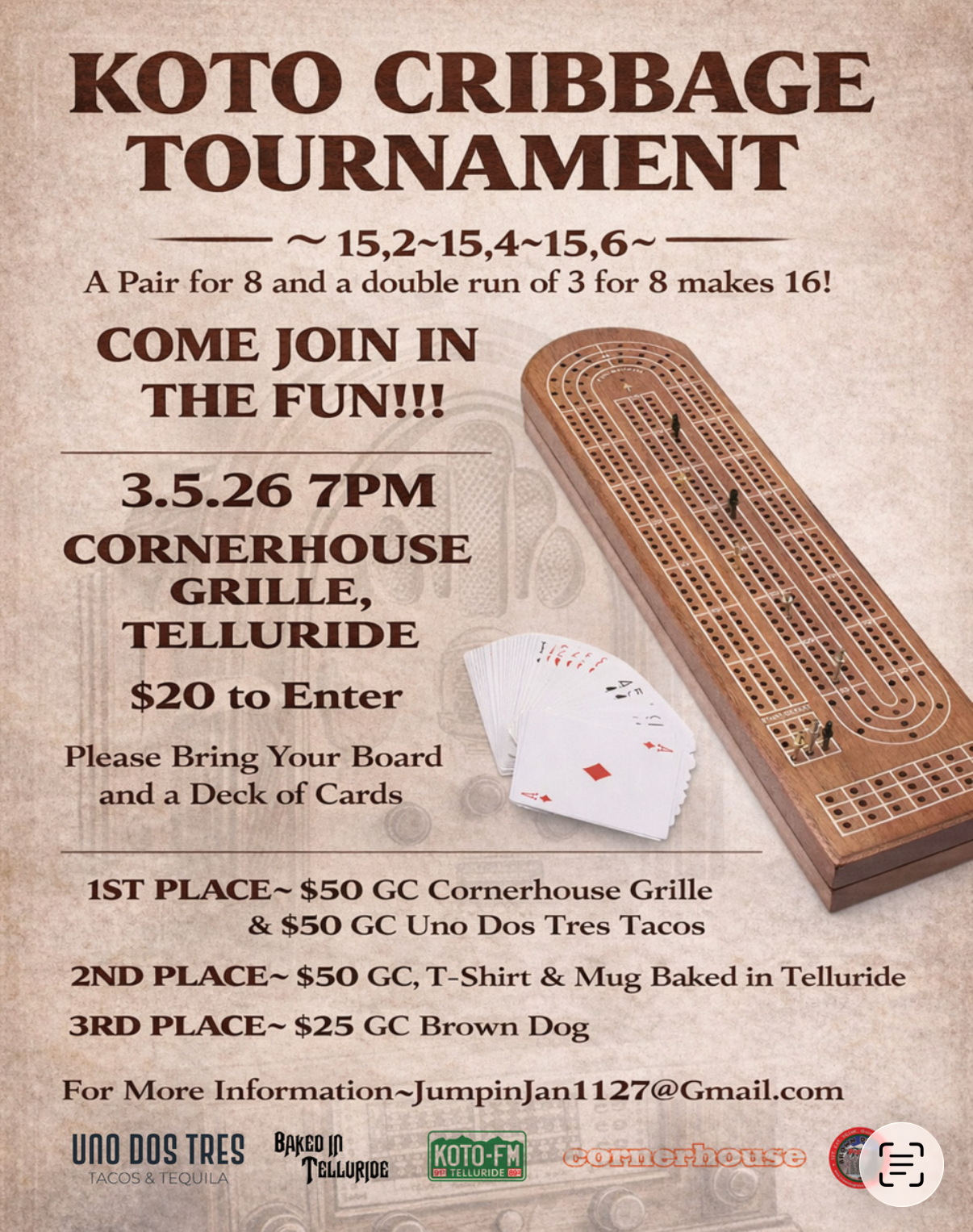 Poster for the KOTO Cribbage Tournament at Cornerhouse Grille, Telluride on 3/5/26 at 7pm. $20 entry; prizes for top three. Bring your board and cards—join the fun and show your skills!.