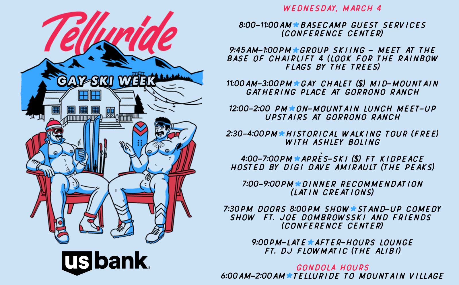 Illustrated Telluride Gay Ski Week schedule for March 4, featuring event times and two men in swimwear relaxing by a hot tub amidst snowy mountains.