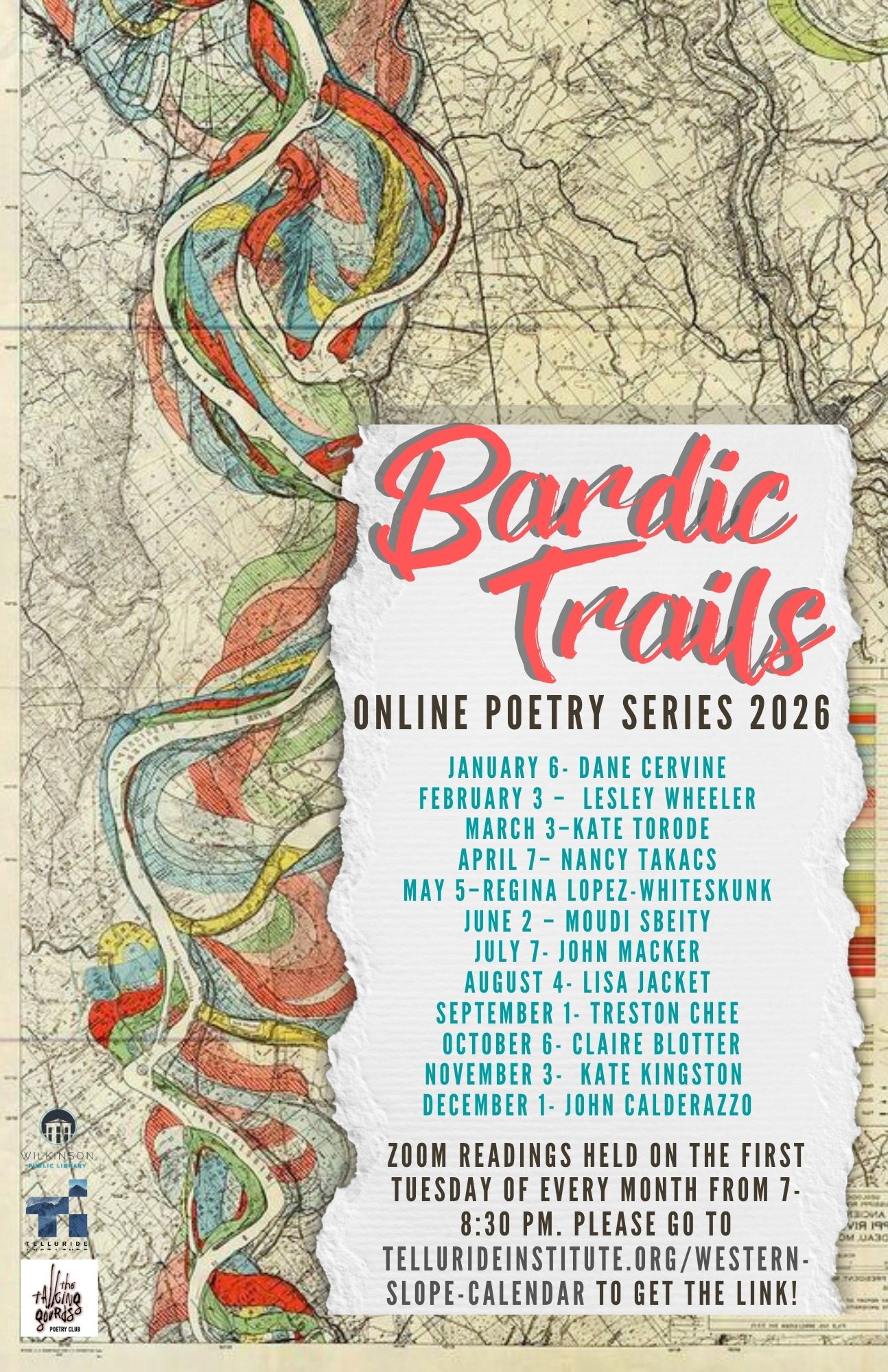 Poster for Bardic Trails Online Poetry Night 2026, listing monthly featured poets and event dates, with live Zoom readings on the first Tuesday of each month at 8:30 PM. Celebrate poetry at this engaging Bardic Trails poetry event!.