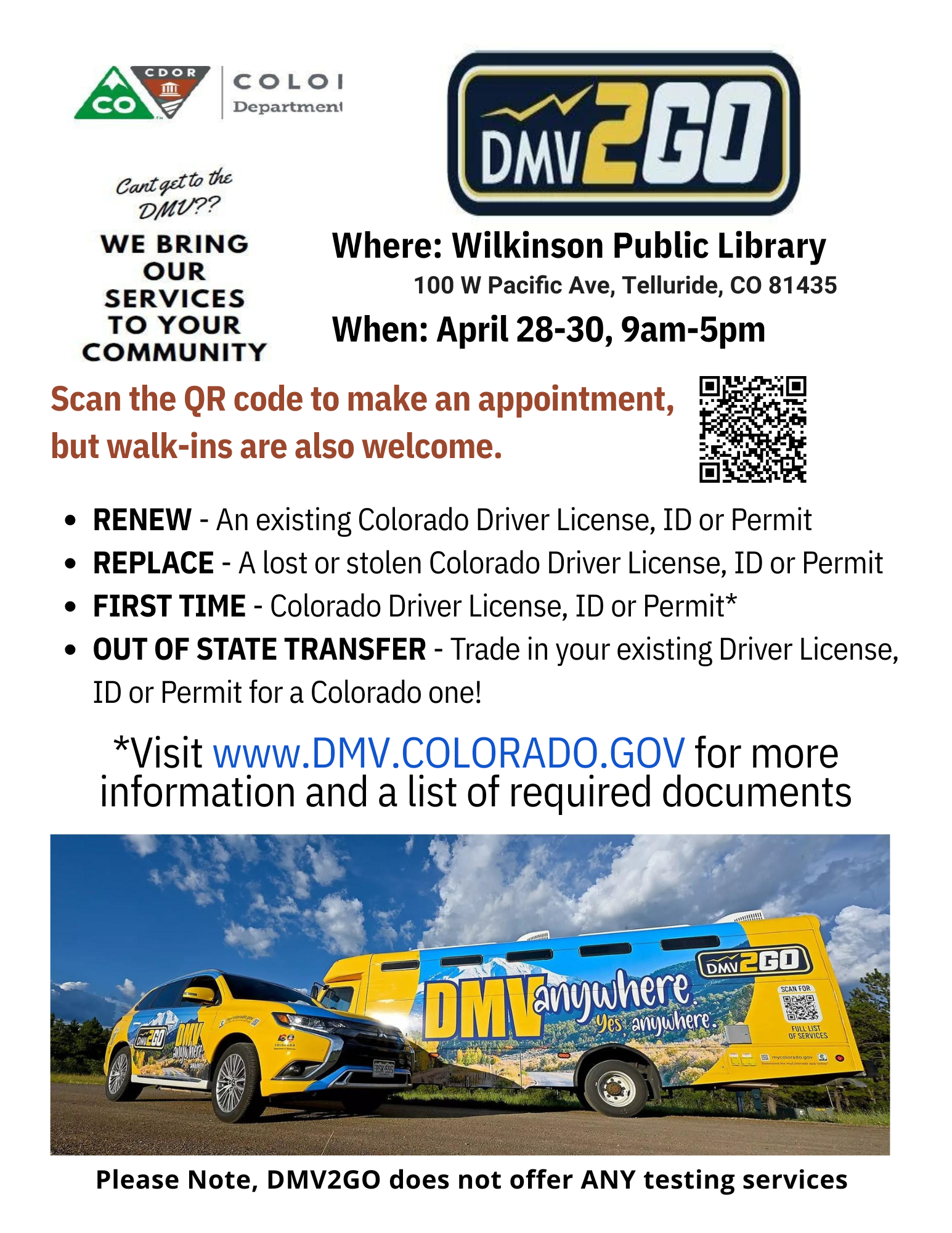 Flyer for DMV2GO mobile services at Wilkinson Public Library in Telluride, CO, April 28-30, 9am-5pm, with info on services offered and instructions for appointments or walk-ins.