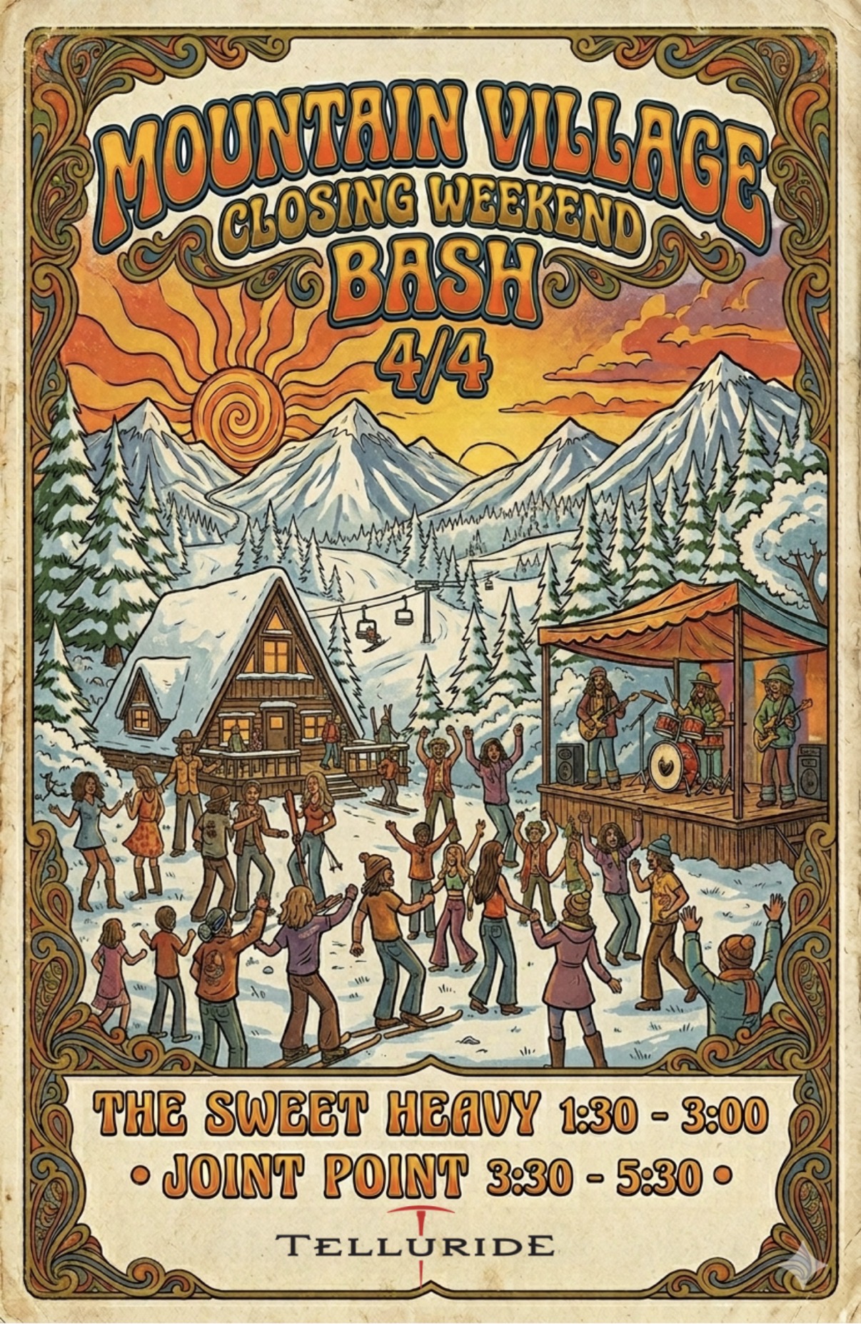 Illustrated poster for the Closing Weekend Bash on 4/4 in Telluride, featuring people dancing outdoors, live band, snow-capped mountains, and all the event details.