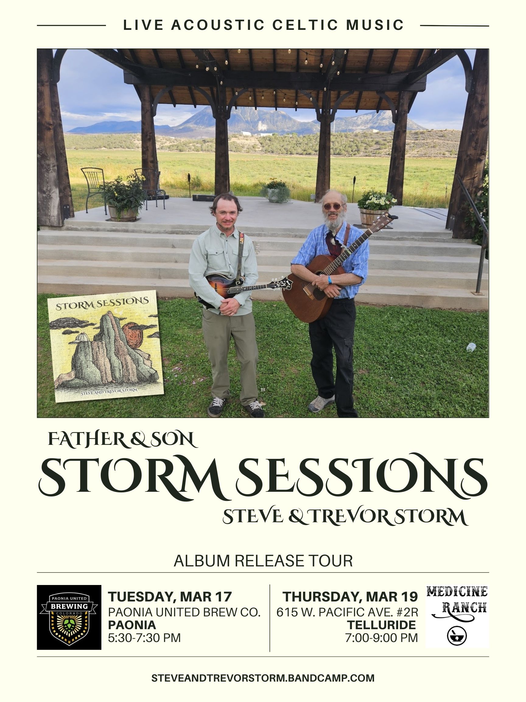 Two men with guitars stand under a wooden pergola, promoting their Storm Sessions album release tour and upcoming House Concert, with event details shown below.