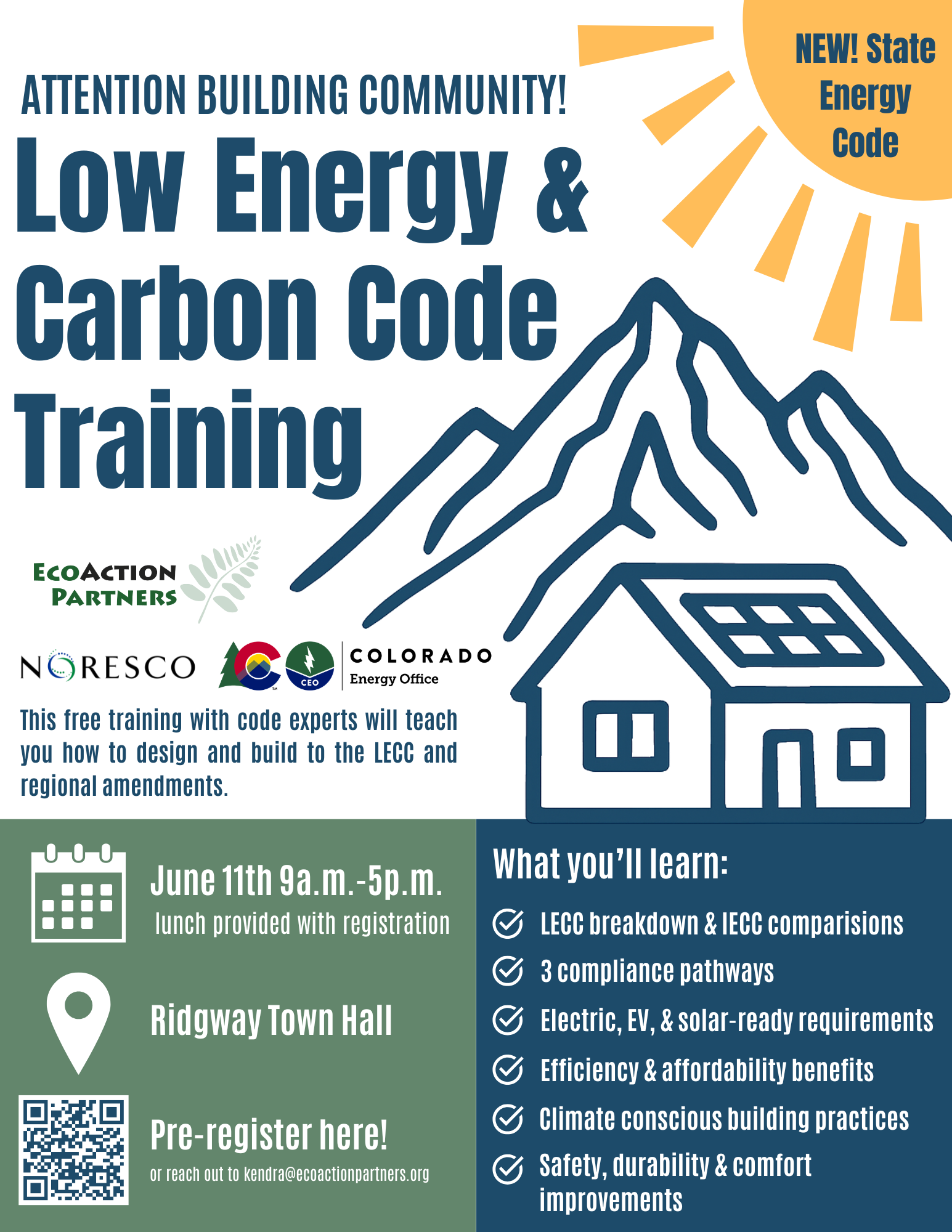 Flyer promoting a free Training on Low Energy & Carbon Code, featuring event details, registration info, sponsor logos, and key learning topics to help you master the latest in energy efficiency and compliance.