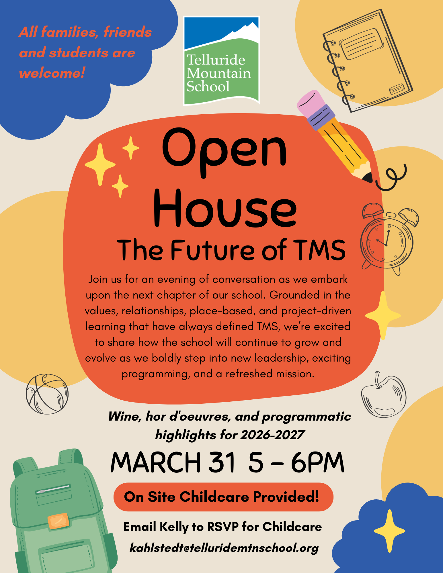 Telluride Mountain School Open House flyer with event details, inviting families to join for the latest school updates and onsite childcare on March 31 from 5 to 6 PM.