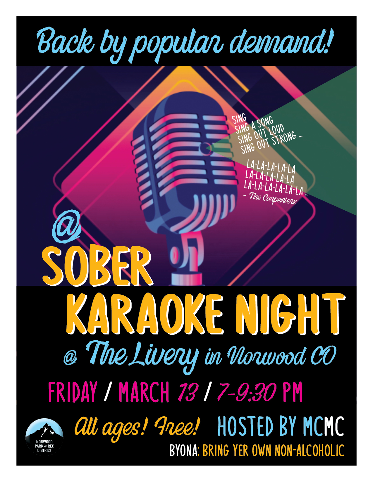 Colorful flyer for Sober Karaoke Night in Norwood at The Livery, Friday, March 13, 7–9:30 PM. All ages welcome, free entry, non-alcoholic event hosted by MCMC.