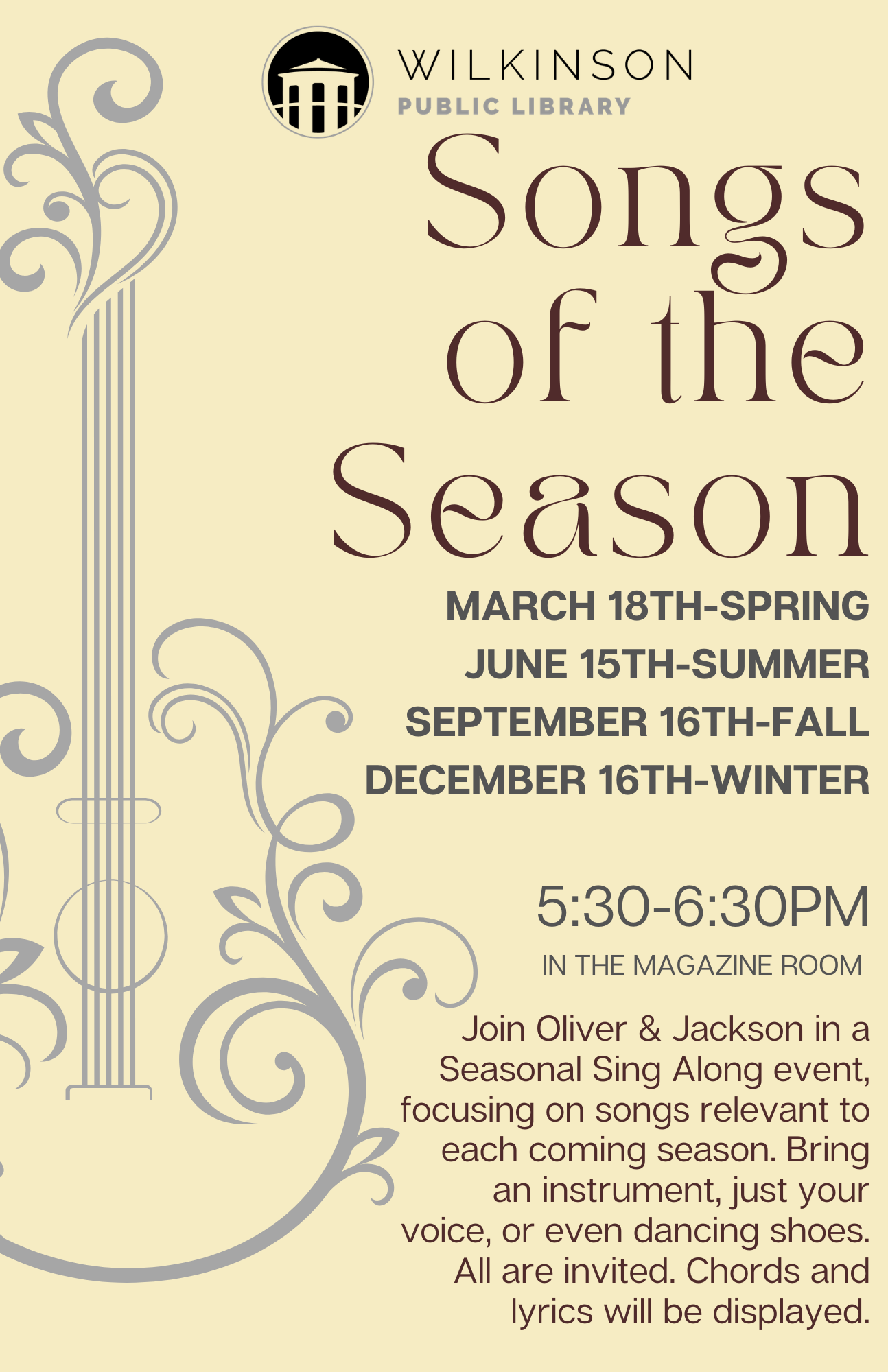 Poster for Wilkinson Public Library’s Songs of the Season, listing dates and event details for this festive sing-along series, with a guitar graphic on the left side. Celebrate the joy of music all season long!.