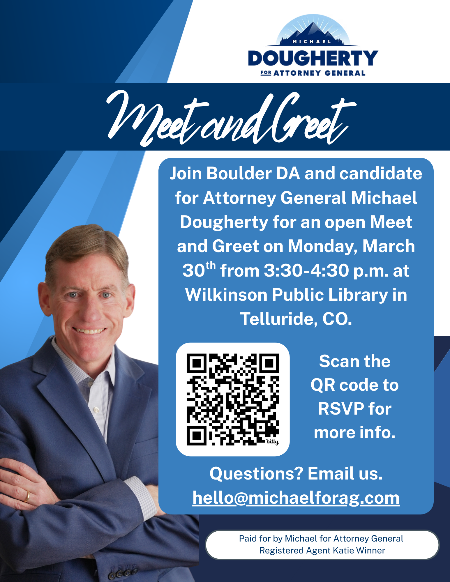 Michael Dougherty, Boulder DA and candidate for Colorado Attorney General, promotes a meet and greet event on March 30 at the Wilkinson Public Library in Telluride, CO. Includes QR code for RSVP and contact email.