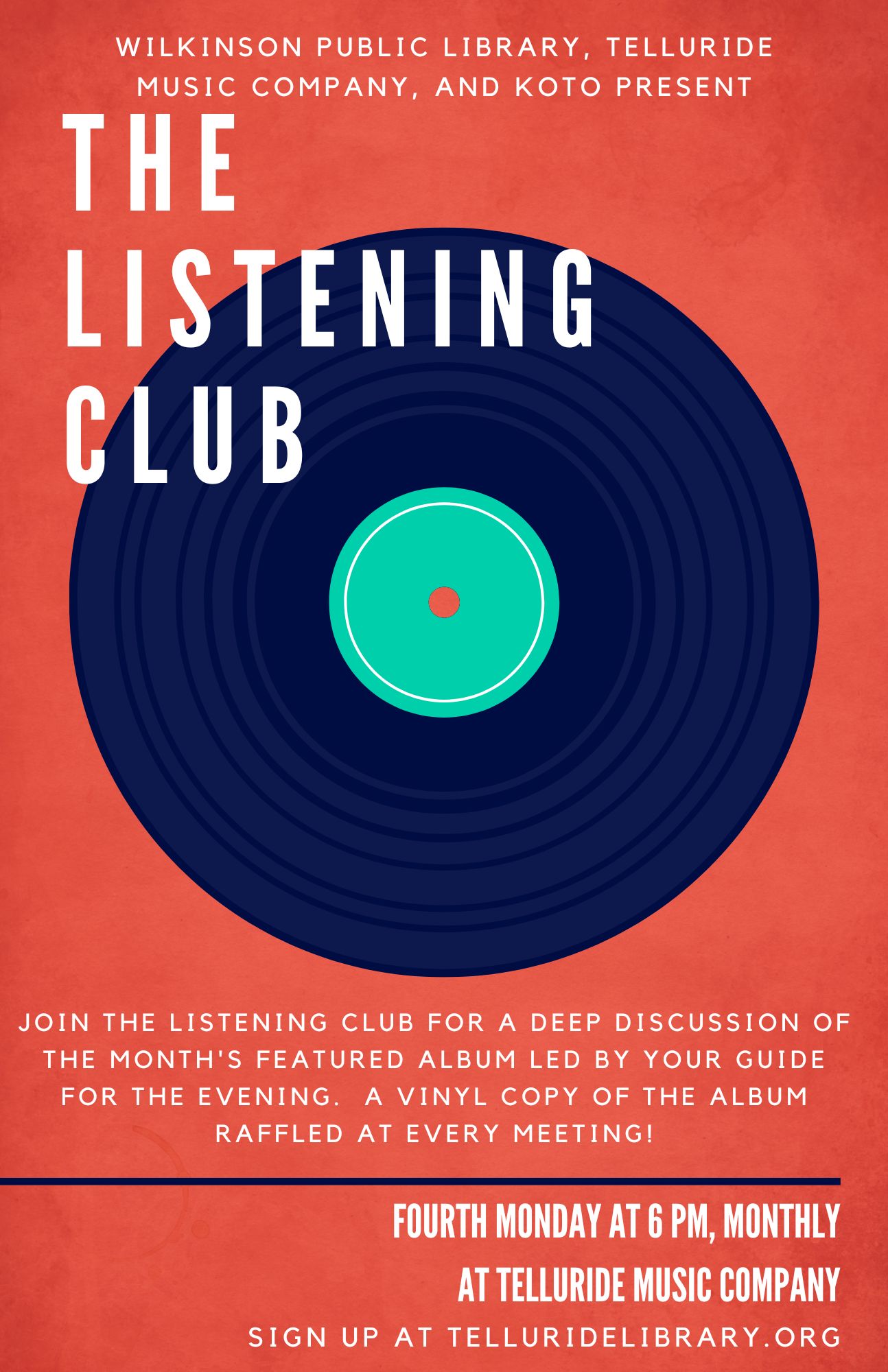 Poster for The Listening Club at Telluride Music Company features a vinyl record graphic and details for monthly album discussions, including a spotlight on Supertramp's Breakfast in America.