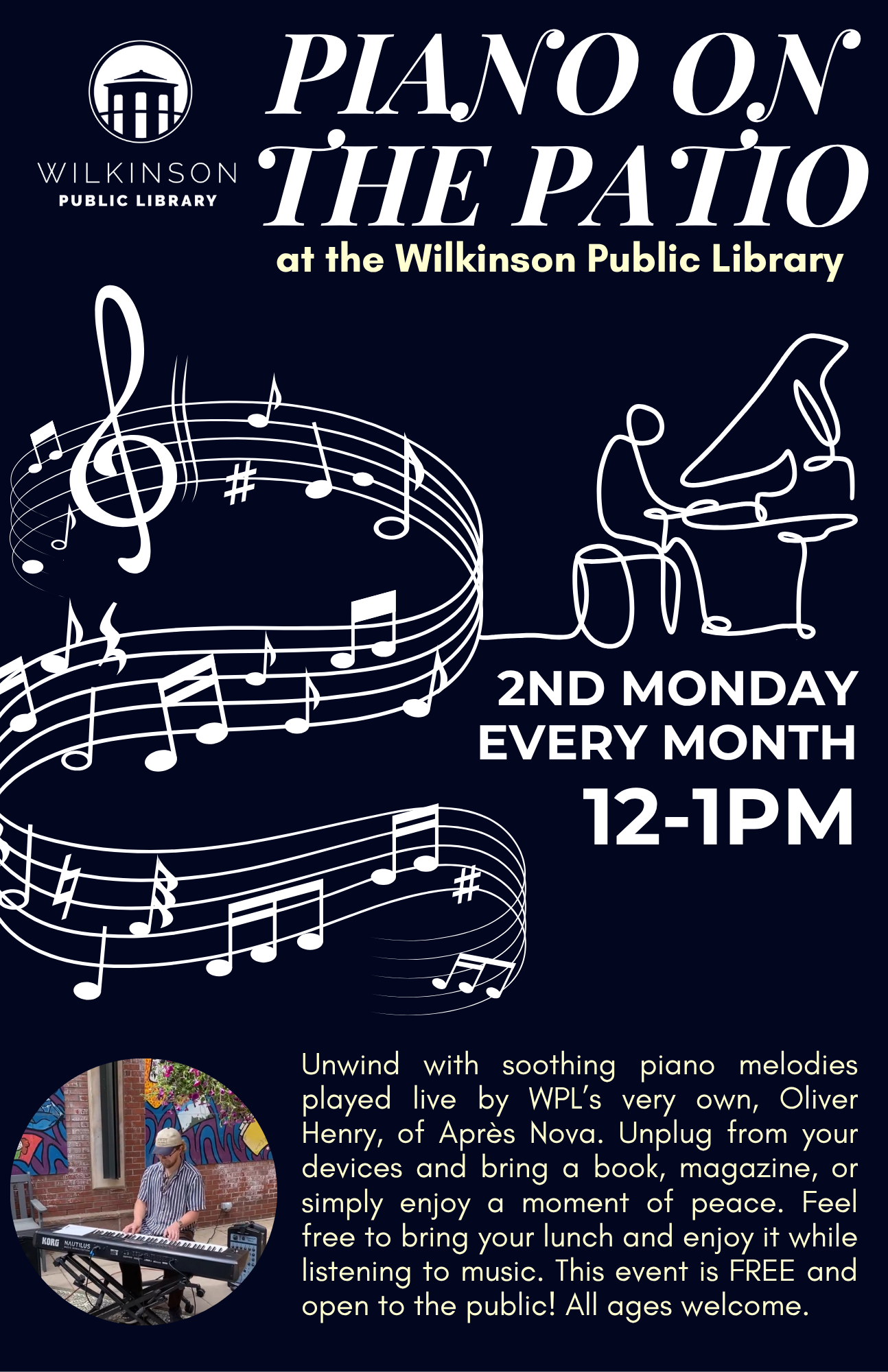Event flyer for Piano on the Patio at Wilkinson Public Library, featuring live piano music by Oliver every 2nd Monday of the month from 12-1 PM; event is free and open to all ages.
