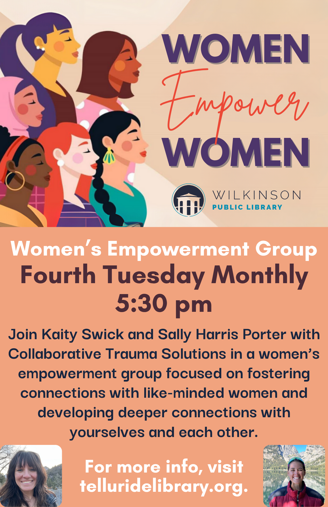 Flyer for a Women's Empowerment Group at Wilkinson Public Library, meeting the fourth Tuesday monthly at 5:30 pm. Find more details and the website link at the bottom.