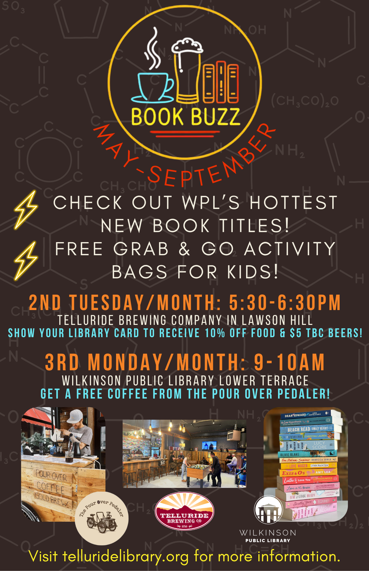 Promotional flyer for the Telluride Library’s Book Buzz events featuring The Pour Over Pedaler, with event dates, times, locations, and images of beer, coffee, books, and library logos to highlight this unique book event.