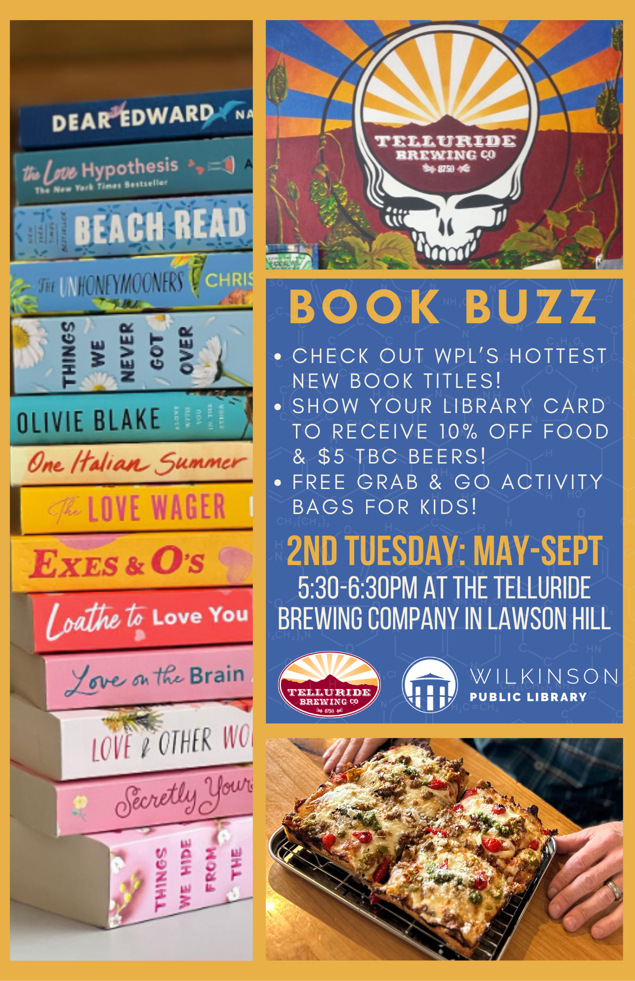 A flyer promoting Book Buzz at Telluride Brewing in Lawson Hill features a stack of colorful books, event details, and a tray of baked food.