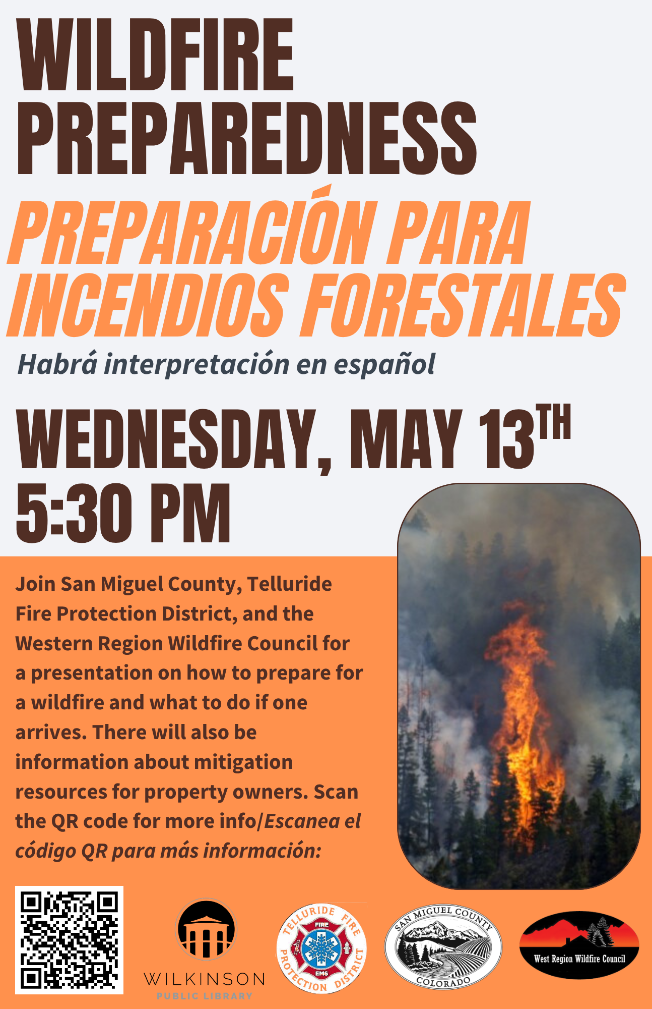 Wildfire preparedness event flyer with English and Spanish text, focusing on Emergency Planning and Wildfire Safety, scheduled for Wednesday, May 13th at 5:30 PM. Includes logos and a wildfire photo at the bottom.