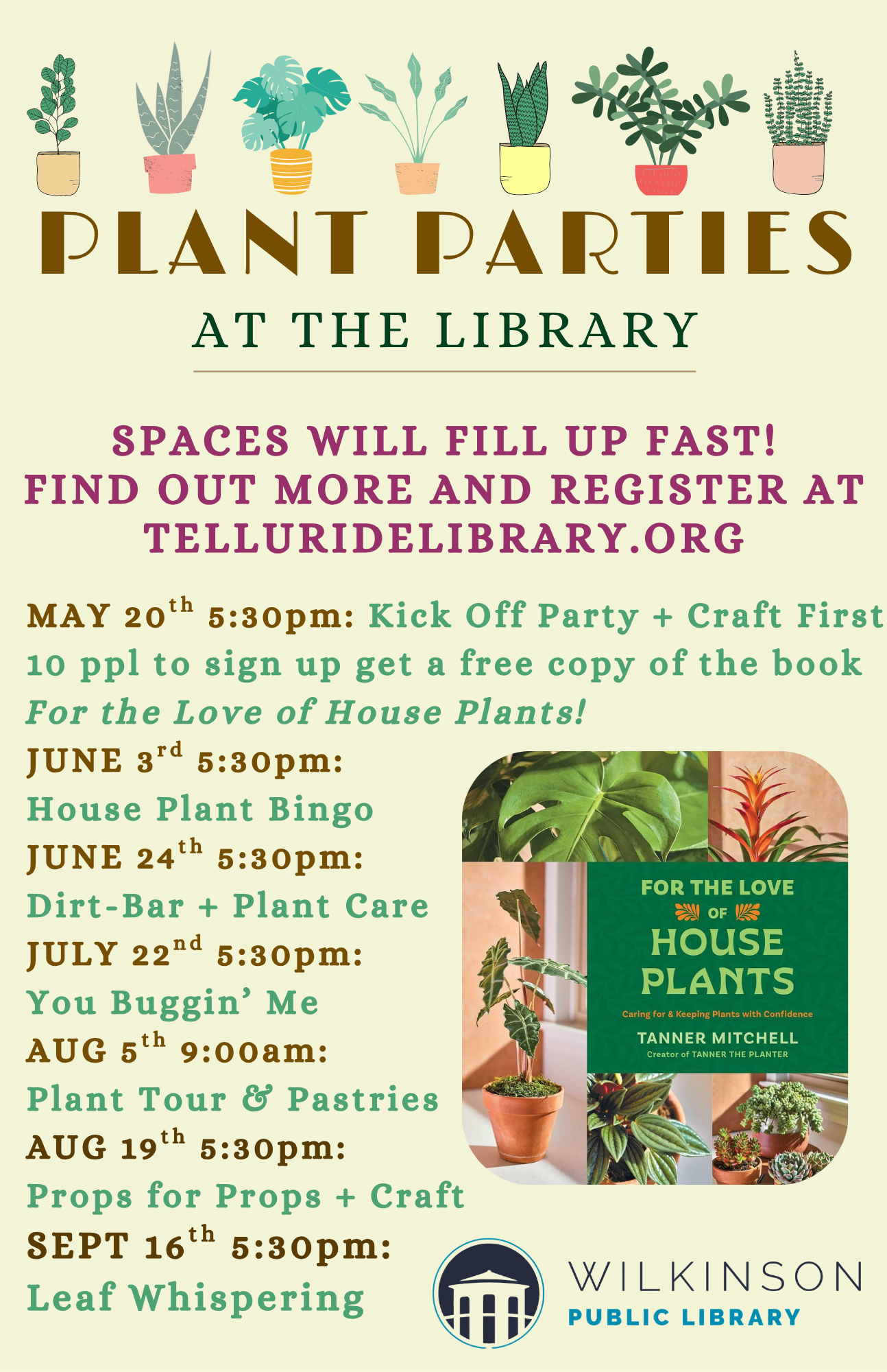 Flyer for Plant Party Kick Off at the Library featuring event dates, bingo, bar, crafts, and plant care tips. Includes registration info and Wilkinson Public Library logo at the bottom. Join our Plant Party fun!.