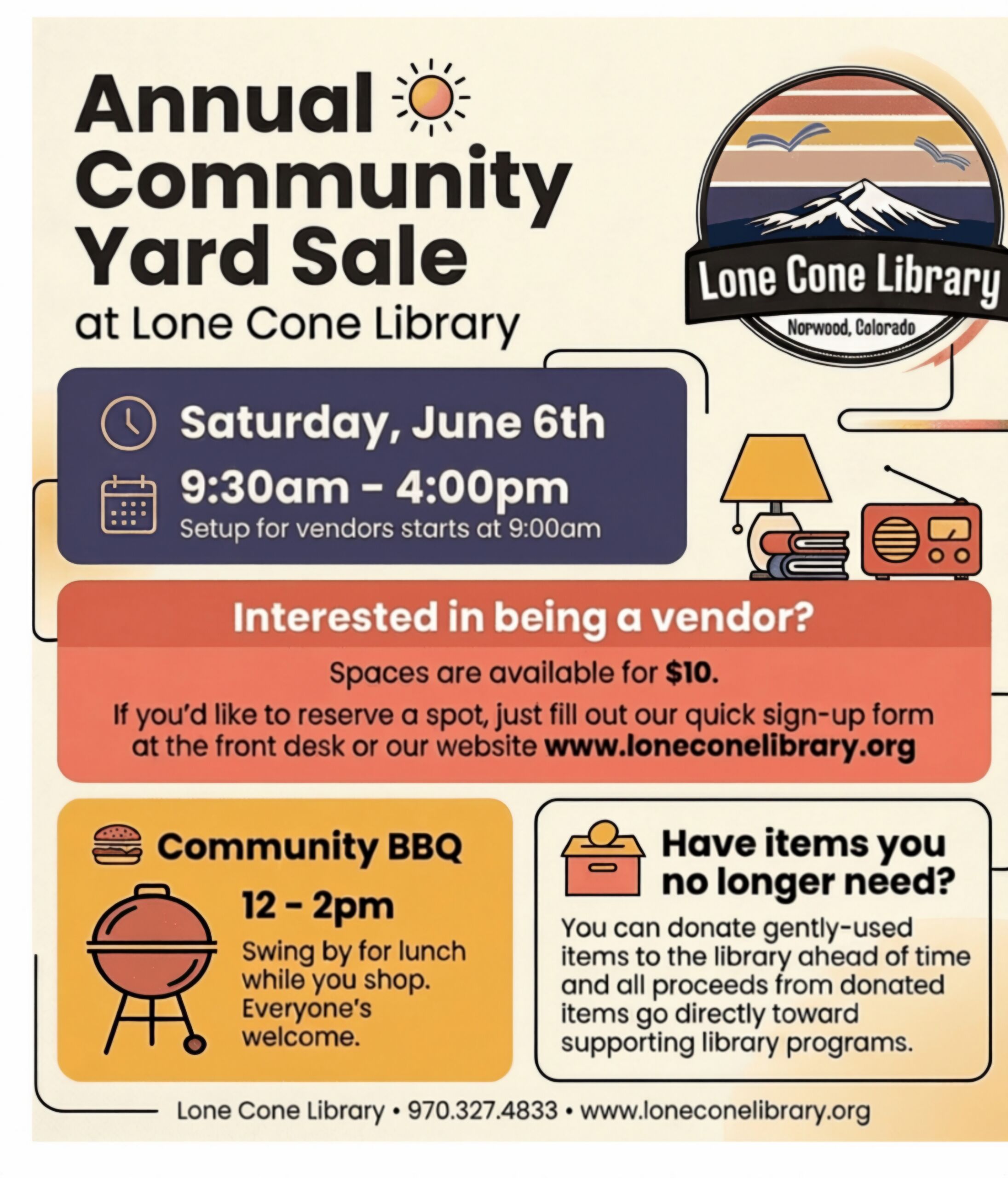 Flyer for the Annual Community Yard Sale at Lone Cone Library on June 6, 9:30am–4pm. Enjoy a BBQ, find vendor info, and get details on donations—don’t miss this fun community event!.