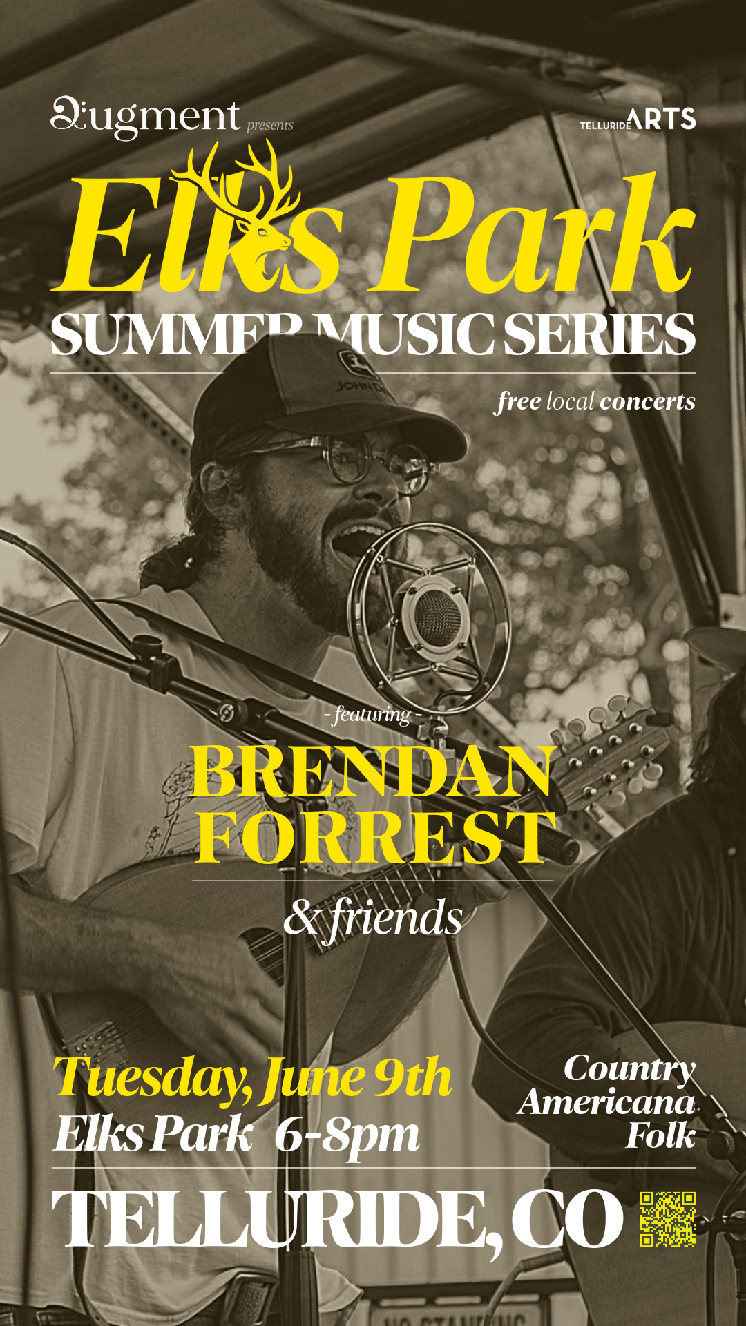 A musician sings and plays guitar on stage at an outdoor Augment Summer Music Series concert in Elks Park, Telluride, Colorado. Event details and Brendan Forrest's name are overlaid in bold text.