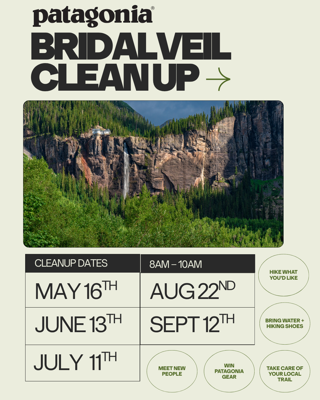 Event poster for Patagonia Bridalveil Cleanup featuring a photo of Bridal Veil Falls. Join our Trail Clean-up from May to September, 8–10am. Don’t forget water, hiking shoes, and gear!.