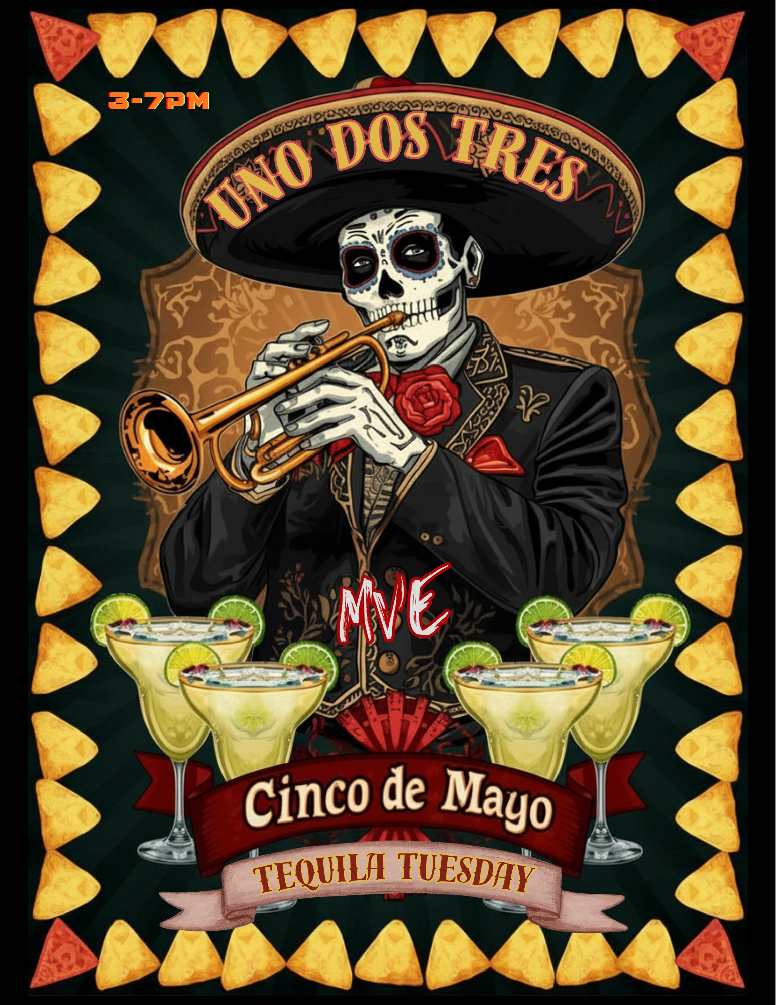 A skeleton in a mariachi outfit plays a trumpet, surrounded by margaritas and tortilla chips. Text reads: Uno Dos Tres, Cinco De Mayo Mexican holiday, Tequila Tuesday, May 5th, and 3-7PM.