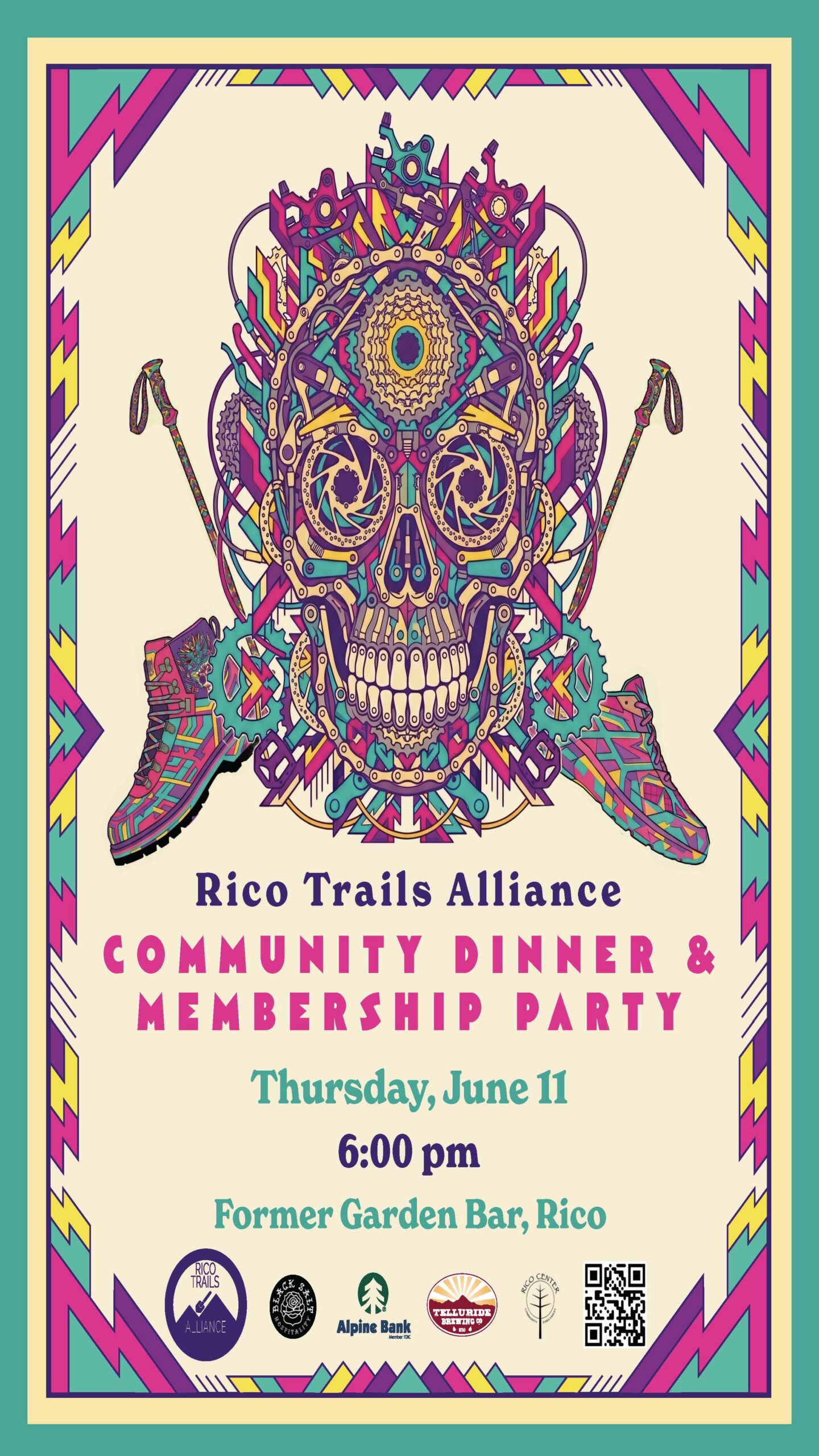 Colorful event poster featuring a decorative skull with axes, promoting the Rico Trails Alliance Community Dinner & Membership Fiesta on Thursday, June 11 at 6:00 pm at Former Garden Bar, Rico.