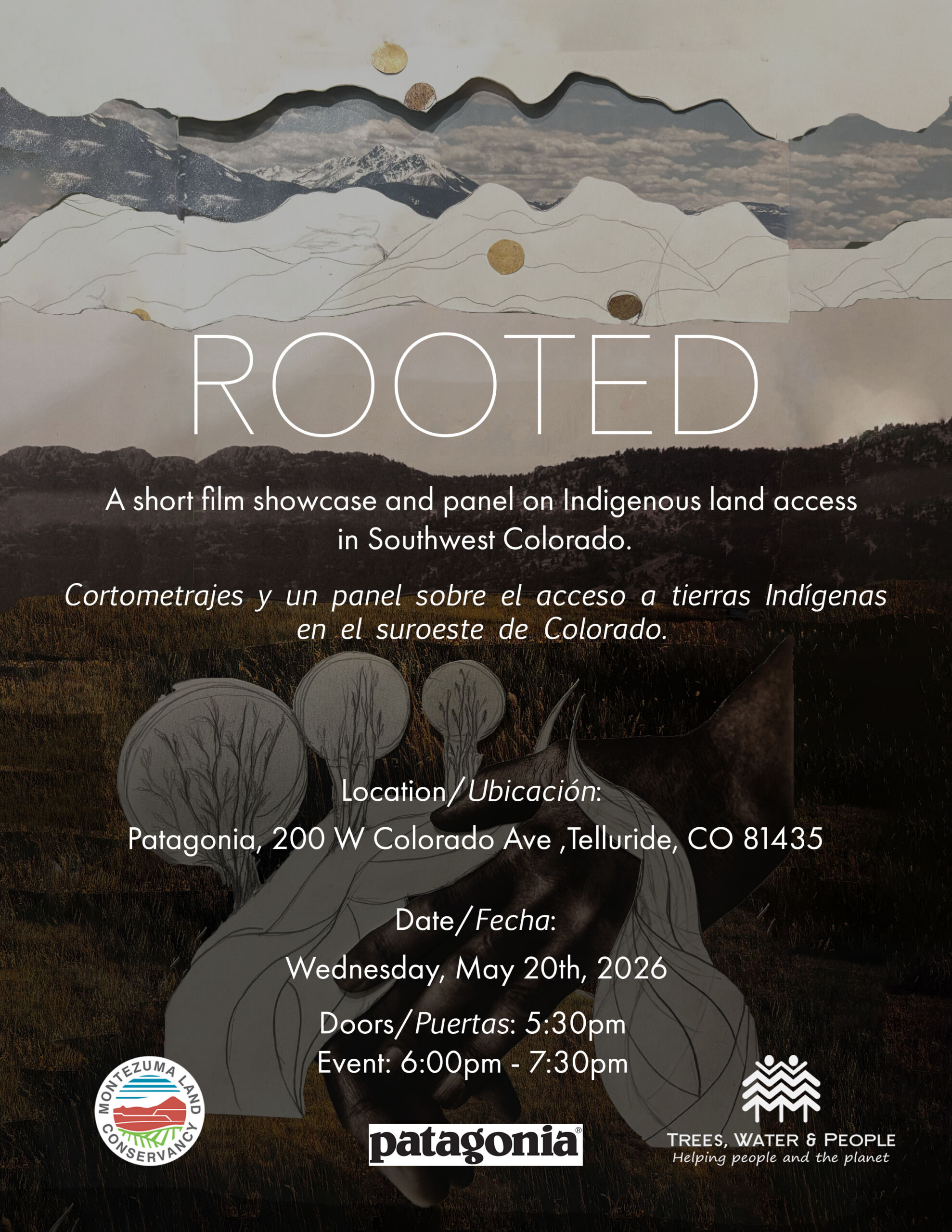 Event poster for Rooted, a short film showcase and panel on Indigenous land access in Southwest Colorado, held May 20, 2026, at Patagonia Telluride.