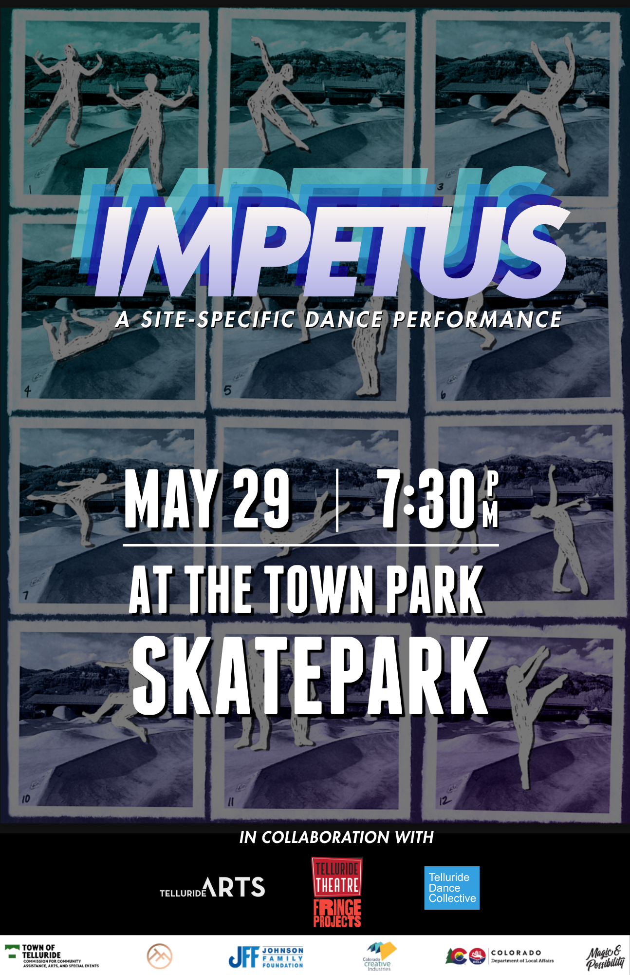 Poster for Impetus: A Site-Specific Dance Performance on May 29 at 7:30 pm at the Town Park Skatepark, featuring striking dance performance images and sponsor logos at the bottom.