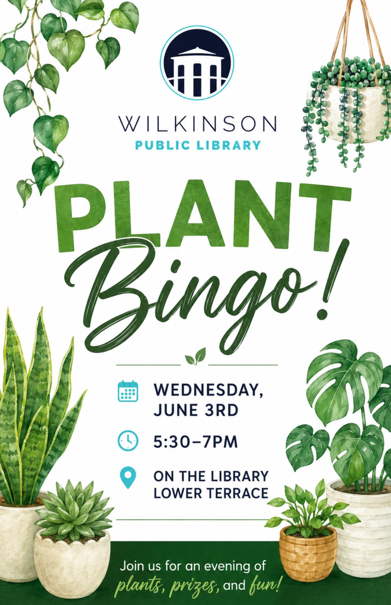 Poster for Wilkinson Public Library's Plant Bingo event on Wednesday, June 3rd, 5:30–7 PM, featuring lively botanical bingo illustrations and full event details.