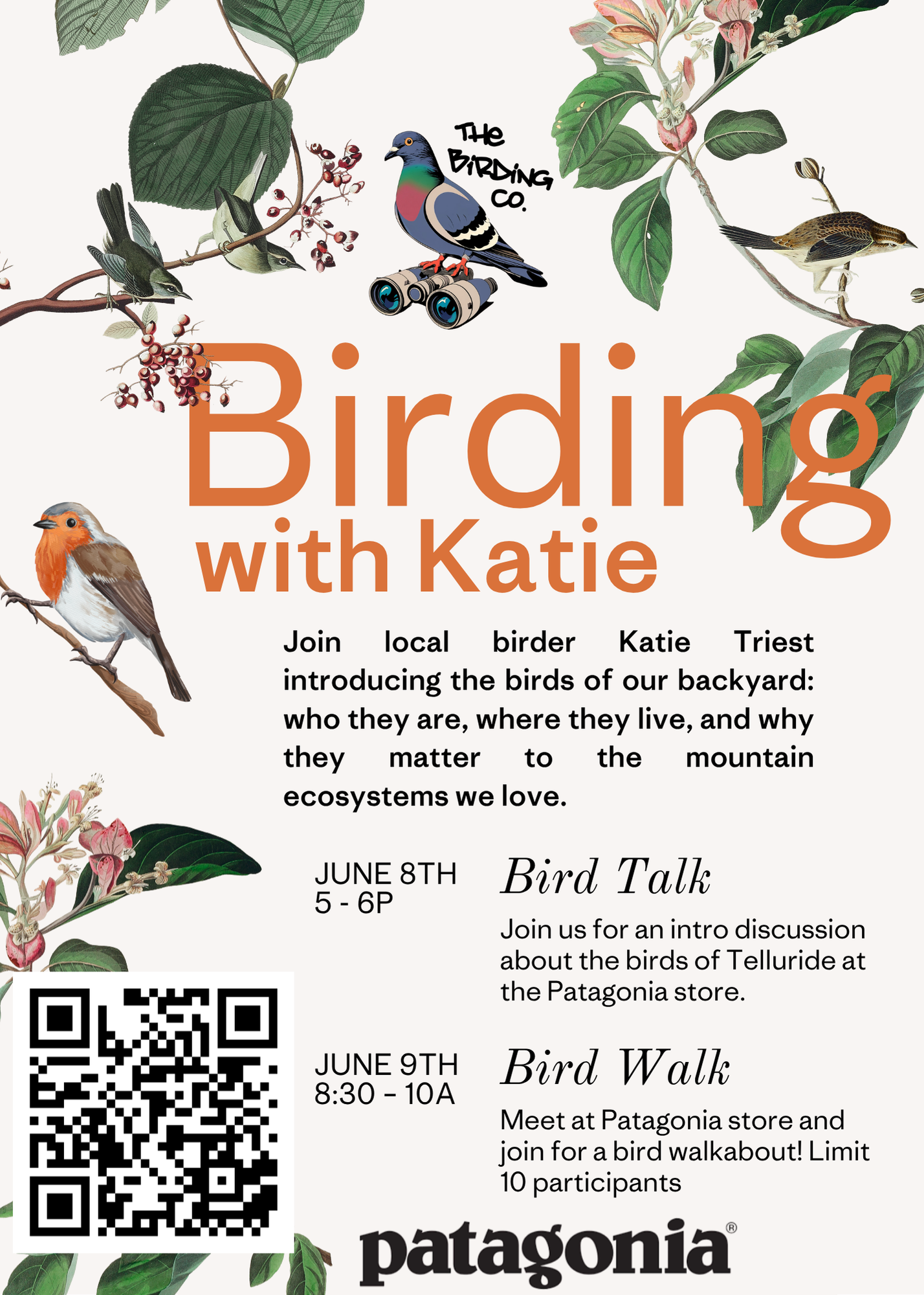 Event flyer for Birding with Katie featuring bird illustrations, event dates, a QR code, and Patagonia branding. Events include a Bird Watching Talk on June 8 and a Bird Walk on June 9.