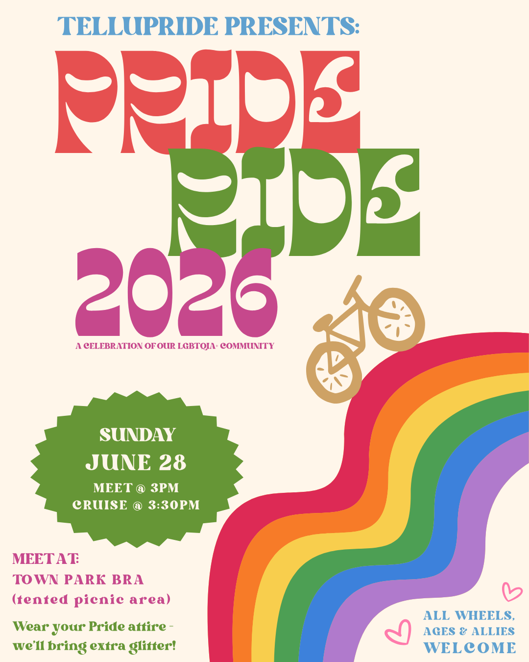 Vibrant Pride Ride 2026 event poster featuring a rainbow, bicycle, and details for this exciting LGBTQIA+ Pride event on Sunday, June 28 at Town Park.