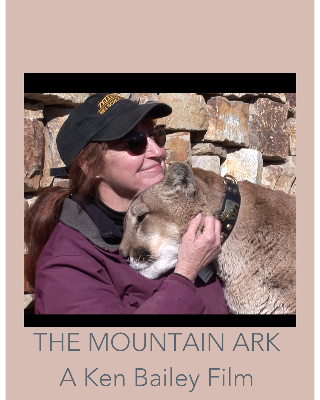 A woman in a cap and jacket hugs a mountain lion in front of a stone wall. Text reads: THE MOUNTAIN ARK, a Mountain Ark film by Ken Bailey.