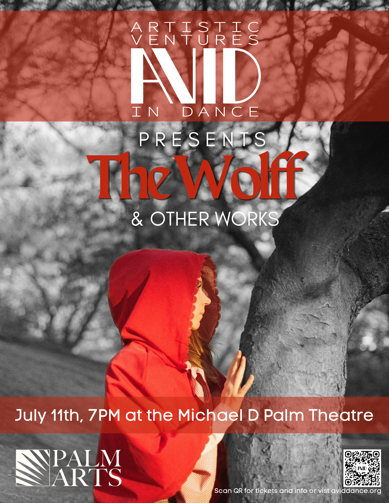 A person in a red hooded cloak stands in a wooded area. Text promotes The Wolff & Other Works by AVID Dance on July 11th, 7PM at Michael D Palm Theatre, presented by Palm Arts.