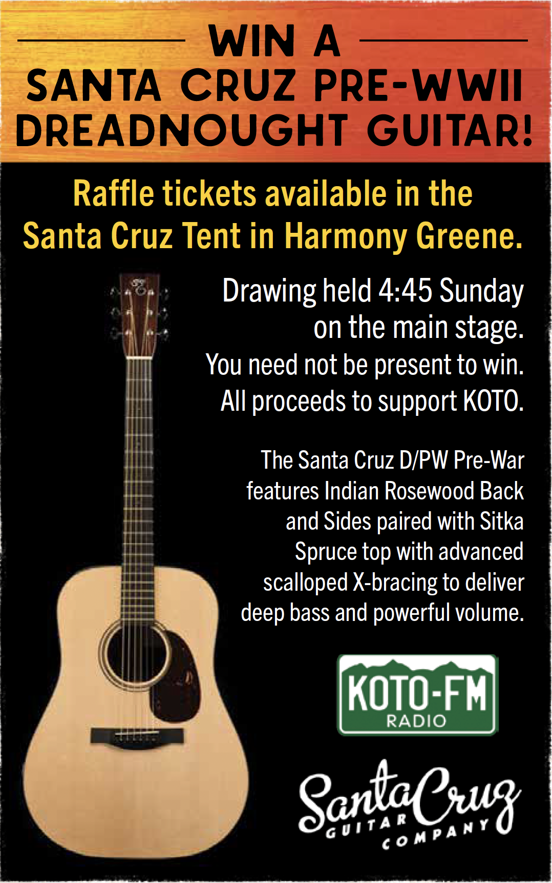 Poster announcing a raffle for a Santa Cruz Guitar at the Telluride Bluegrass Festival—event details, guitar description, and sponsor logos for KOTO-FM and Santa Cruz Guitar Company. Don't miss your chance to be the Raffle Winner!.