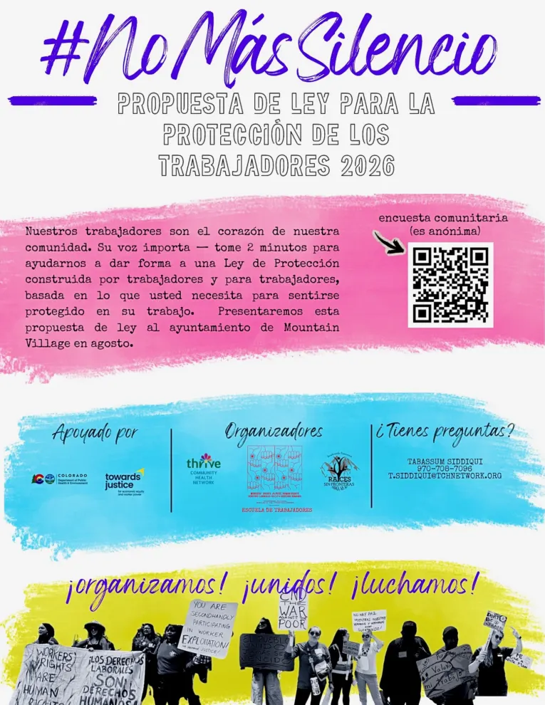 Flyer in Spanish with text about a 2026 worker protection law proposal, recent Noticias coverage, contact info, organizer logos, and a group photo of diverse people holding signs. Prominent header: #No Más Silencio. Flyer references pages 7 and 13 for additional resources.