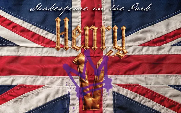 Union Jack flag with gold text Henry 4 and Shakespeare in the Park above; a purple crown is painted over the number 4.